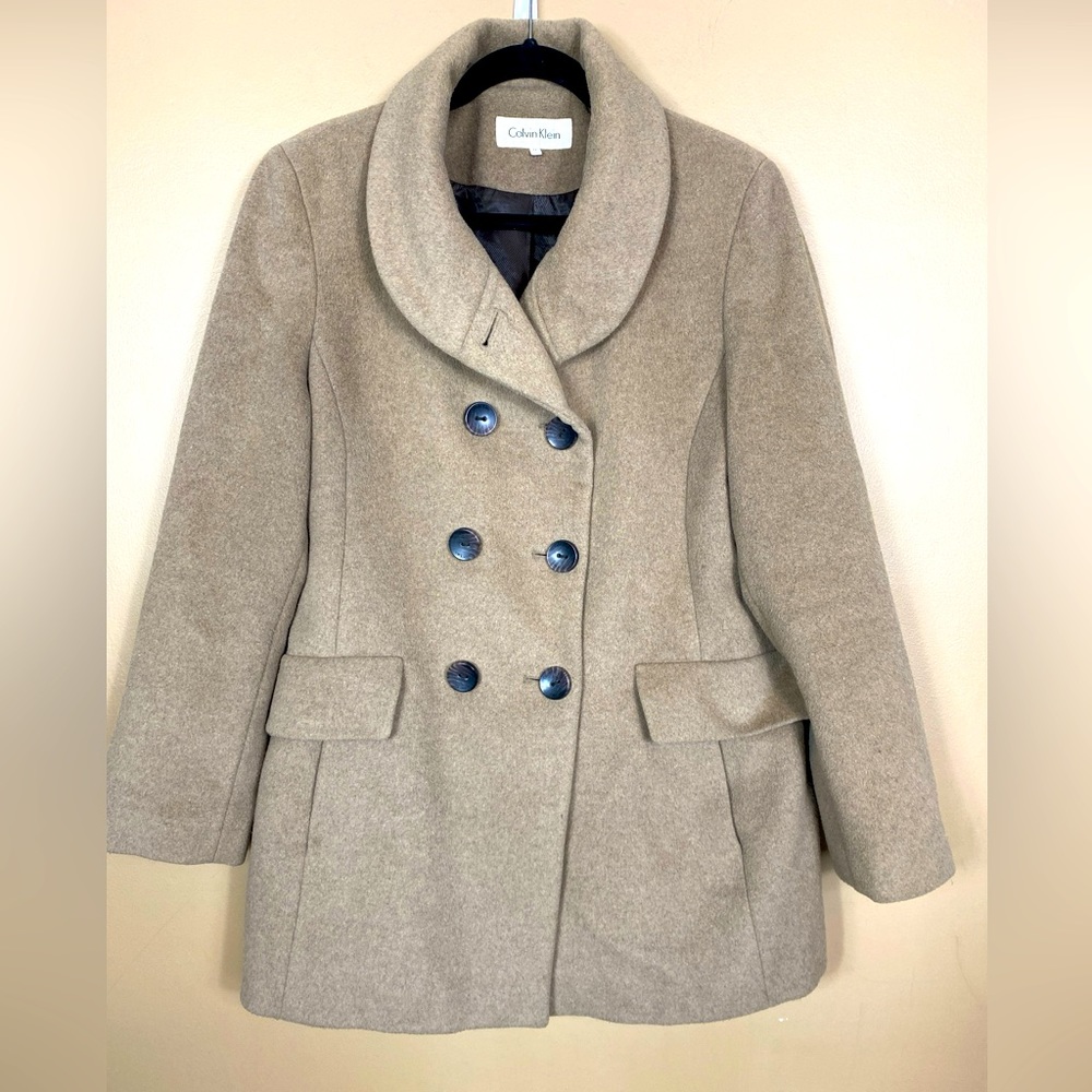 Calvin Klein Double-Breasted Tan Wool Blend Pea Coat - 12 / Large